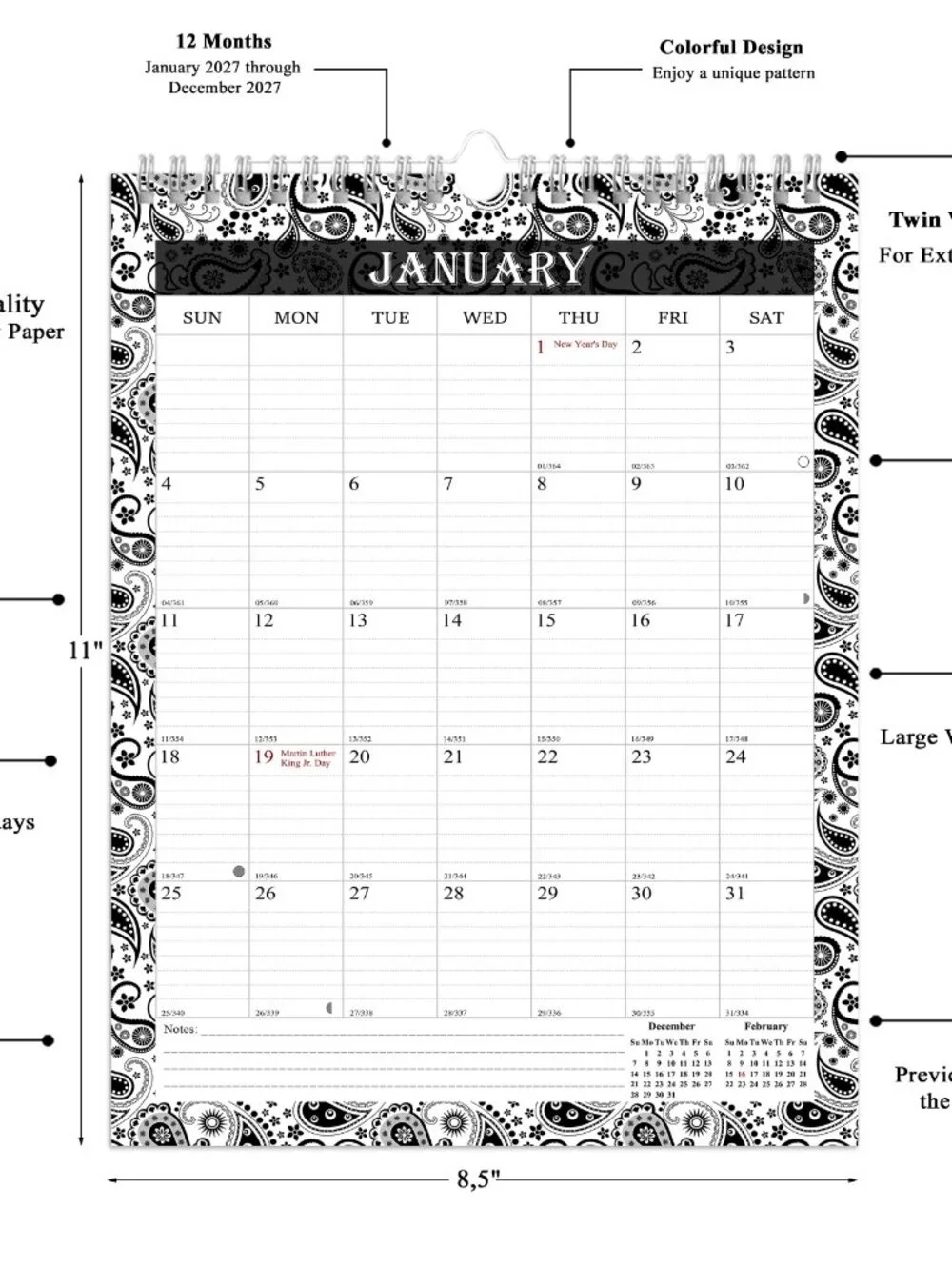 2027 Wall Calendar Spiral-bound Twin-Wire Binding - 12 Months 8.5